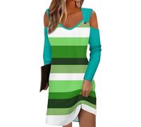 Sale Angebote grünes Kleid ballkleid kurz leinenkleid Damen Gestreiftes V-Ausschnitt Cold Shoulder Lange Ärmel Knielang Kleid Stillkleid Sommer langes Kleid (Green, XXL)