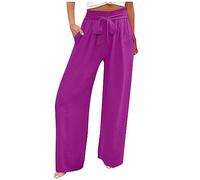 Sale Angebote, Leinenhose Damen Haremshose Damen Sommer Einfarbig Palazzo Hose Mit Kordelzug Straight High Waist Bein Hose Casual Leicht Jogginghose Damen Sommer Sommerhosen Damen Leicht(Lila,XL)