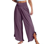 Sale Angebote Leinenhose Damen Hosen Lässig Leichte Palazzo Hose Haremshose Einfarbig Leinen Bundfalten Freizeithose Blütenblattbesatz Yogahose Wide Leg Pants Strandhose Sommer Hose(#1 Purple,L)