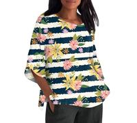 Sale Angebote, Musselin Bluse Damen Leinen Shirt Damen Blumendruck 3/4 Ärmel T Shirt Elegant Tunika Rundhals T-Shirt Oberteile Sommer Tops Damen V Ausschnitt Damen Oberteil(Dark Green,XL)