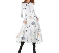 Sale Angebote, Sommerkleider Damen Knielang Blusenkleid Damen Sommer Blumendruck Rundhals Langarm Kleid Elegant Tunika Maxikleid Mit Tasche Tshirt Kleid Damen Sommerkleid Damen Midi(Light Purple,Xl)