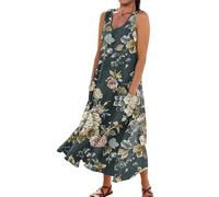 Sale Angebote Sommerkleider Damen leicht und luftig Sommerkleid Damen kurz Set Damen Outfit Blumen Druck Baumwolle Leinen Rundhals Ärmelloses Lang Kleid leinen Damen grünes Kleid (Marineblau, 3XL)