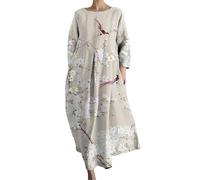 Sale Angebote unter 10 Euro Kleid Damen Langarm Sommer Kleider Lang Freizeit Lose Sommerkleid Boho Maxikleid Elegant Drucken Rundhals Strandkleid mit Taschen Kleid Damen Sommer lang blau