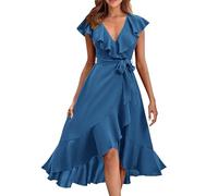 Sale Damen Sommerkleider Sommerkleid Damen Elegant Damen-Kleid mit V-Ausschnitt kurzen Ärmeln Rüschen und Langer Schnürung Kleider Teenager Sommer Sommerkleider Damen Knielang