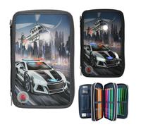 Depesche 13333 Monster Cars - Gefüllte 3-Fach Federtasche in Grau, mit LED-Effekt und Polizei Motiv, Federmappe mit Buntstiften, Schere, Lineal uvm.