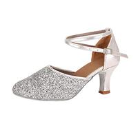 Salsa Tanzschuhe Damen Bequem Latein High Heels Sandalen Elegant Spitze Pumps Spangenpumps Slingback Blockabsatz Riemchenpumps Glitzer Hochzeitsschuhe Silber Absatzschuhe