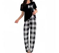 SamHeng Damen Schlafanzug Set Rund Hals Kurzarm Tops und Long Hosen Weiche Nachtwäsche Loungewear Summer Pyjamas Set lässige Nachtwäsche für Damen(Weiß/XL)