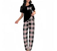 SamHeng Damen Schlafanzug Set Rund Hals Kurzarm Tops und Long Hosen Weiche Nachtwäsche Loungewear Summer Pyjamas Set lässige Nachtwäsche für Damen(Rosa/L)