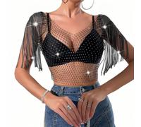 SamHeng Frauen Diamond Tanks Tops, schwarzes sexy Mesh Quastelhülle Hohlkultur Ernte Crop Tops, durch Rave Outfit des Festival Clubs, Big Diamond Crystal Club Wear Copped Tops für Frauen, sehen