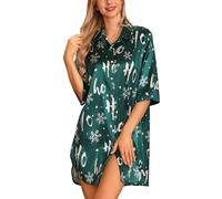 Samring Damen-Nachthemd aus Seide, 3/4-Ärmel, Knopfleiste, Satin-Nachtkleid für Damen, Nachtwäsche, Grüne Schneeflocke für Weihnachten, S