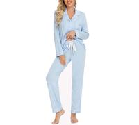 Samring Langärmeliger Schlafanzug für Damen, Nachtwäsche, Knopfleiste, weiche Loungewear, für Damen, Größen S-XXL, Hellblau und Weiß, 42