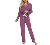 Samring Pyjama Damen Langarm Nachtwäsche Button Down Pj Sets Weiche Loungewear Pyjama Set für Frauen S-XXL, Fuchsia, M