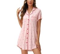 Samring Pyjama-Nachthemd für Damen, kurz/langärmelig, Knopfleiste, Nachtwäsche, Top, Boyfriend-Schlafhemden, Nachthemd S-XXL, Kurze Ärmel, hellrosa Herz, M