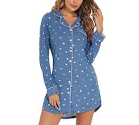 Samring Pyjama-Nachthemd, Schlafkleid für Damen, kurz/langärmelig, Knopfleiste, Nachtwäsche, Top, Freund, Schlafhemden, Nachthemd, S-XXL, Kurzarm-lake Blue Stars, Medium