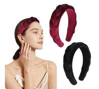 Samt Geflochtener Haarband, 2 Stück Trachten Haarreif Breit Vintage Samt Haarreif, Stirnband Haarschmuck für Fasching Karneval Oktoberfest Weihnachten(Schwarz + Burgunderrot)