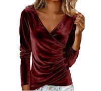 Samt Shirt Damen Bluse Sexy Wickelbluse mit V-Ausschnitt Einfarbig Slim fit Pullover Wickel Langarmshirt Velvet Oberteile Langarm Samtshirt Longshirt Blusen Party Outfit Pulli Top T-Shirt S-XXL
