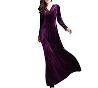 Samtkleid Damen Langarm V Ausschnitt Abendkleider Lang Frühlingskleid Hohe Taille Cocktailkleid Elegant Hochzeit Ballkleid Maxi A Linie Kleider Frauen Samt Festliche Partykleid Winterkleid