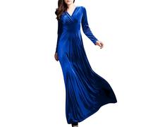Samtkleid Damen Langarm V Ausschnitt Abendkleider Lang Frühlingskleid Hohe Taille Cocktailkleid Elegant Hochzeit Ballkleid Maxi A Linie Kleider Frauen Samt Festliche Partykleid Winterkleid