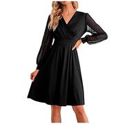 Samtkleid Damen Winter Lange Ärmel V-Ausschnitt A-Linie Kleid Hohe Taille Midilang Blusenkleid Casual Tunikakleid Locker Etuikleid Elegant Freizeitkleid Schöne Clubkleid Festkleider