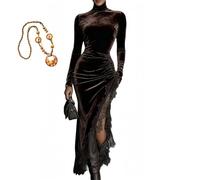 Samtkleid für Damen, Rollkragen, gerüscht, figurbetont, schlankmachend, Spitzenbesatz, Midi-Kleid für Abendparty, Büro, Reisen, dunkelbraun, S