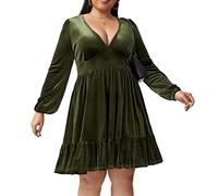Samtkleid mit tiefem V-Ausschnitt, Plus Size A Line Party Formelles Samtkleid Swing ausgestelltes kurzes Minikleid,Grün,XXL