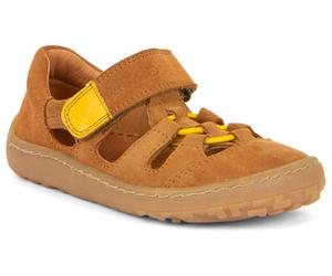Sandale FRODDO "Barfußschuh", Mädchen, Gr. 25, braun (braun, gelb), Veloursleder, kontrastfarbene Details, Schuhe Sandale, Sommerschuh, Klettschuh, Sandale mit Klettverschluss (58714446-25) braun, gel
