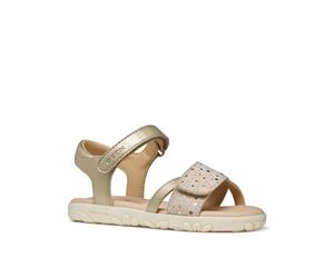 Sandale GEOX "J SANDAL HAITI GIRL", Mädchen, Gr. 34, gold (goldfarben), Leder, Lederimitat, Glitzermuster, Schuhe Sandale, Sandale mit Fersenriemen, Größenschablone zum Download (26767200-34)