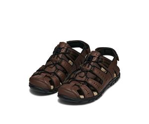 Sandale GEOX "UOMO SANDAL STRADA C", Herren, Gr. 40, braun (dunkelbraun, schwarz), Lederimitat, Textil, Schuhe Sandale, Sommerschuh, Klettschuh, Outdoorsandale, mit Lederfußbett (96928760-40) dunkelbr