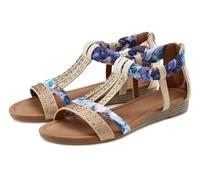Sandale LASCANA "Sommerschuh, Sandalette, offener Schuh", Damen, Gr. 35, blau (beige, blau), Obermaterial: 50% Lederimitat, 50% Textilmaterial. Decksohle: 100% Lederimitat. Futter: 100% Lederimitat. L