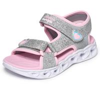 Sandale SKECHERS "HEART LIGHTS SANDALS", Mädchen, Gr. 34, silberfarben, rosa, Lederimitat, Glitzer, Schuhe Sandale, Sommerschuh mit Klettverschluss, Größenschablone zum Download (93555518-34) silberfa