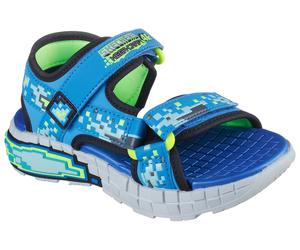 Sandale SKECHERS "MEGA-SPLASH 4K", Jungen, Gr. 35, blau (blau, schwarz), Lederimitat, Textil, kontrastfarbene Details, Schuhe Sandale, Mega Craft Sandale mit Klettverschluss, Größenschablone zum Downl