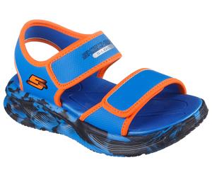 Sandale SKECHERS "SOLA GLOW SANDAL", Jungen, Gr. 28, blau (blau, orange), Lederimitat, kontrastfarbene Details, Schuhe Sandale, Sandale mit Klettverschluss+Blinkfunk., Größenschablone zum Download (90