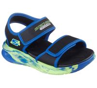 Sandale SKECHERS "SOLA GLOW SANDAL", Kinder, Gr. 29, schwarz (schwarz, blau), Lederimitat, kontrastfarbene Details, Schuhe Sandale, Sandale mit Klettverschluss+Blinkfunk., Größenschablone zum Download