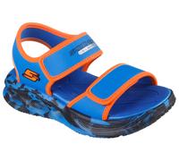 Sandale SKECHERS "SOLA GLOW SANDAL", Kinder, Gr. 34, blau (blau, orange), Lederimitat, kontrastfarbene Details, Schuhe Sandale, Sandale mit Klettverschluss+Blinkfunk., Größenschablone zum Download (90