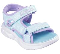 Sandale SKECHERS "SOLA GLOW SANDAL", Kinder, Gr. 35, bunt (hellblau, lavendel), Lederimitat, Textil, Glitzer, kontrastfarbene Details, Schuhe Sandale, Sommerschuh mit Klettverschluss, Größenschablone