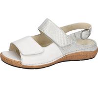 Sandale WALDLÄUFER "K-HELIETT", Damen, Gr. 6,5, weiß (sanftes weiß, silberfarben), Nubukleder, Veloursleder, metallic, Schuhe Sandale, Sommerschuh, Keilsandalette, Metallic-Look, in Extraweite K (5853