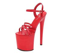 Sandalen 20 cm Damen Knöchelriemen Absätze Damen Plateau Open Toe High Heel Stiletto Pumps Sexy Pole Dance Striptease Schuhe Für Party Prom Club,Rot,39 EU