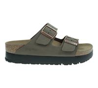 Birkenstock Birko-Flor Damensandalen mit Obermaterial aus EVA, Keilabsatz 25 mm hoch, Modell Arizona Papillio, anatomisches Fußbett Made in Germany, verstellbare Riemen mit Metallschnalle, Mocca, 39