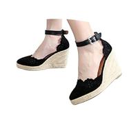 Sandalen Breite Füße Damen Slip On Sandalen Bestickte Keilabsatz Seil Schuhe Ankle Wrap Toe Plattform Retro Lady Comfy Espadrille Pumps Elegant Bequem Sommerschuhe