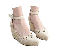 Sandalen Breite Füße Damen Slip On Sandalen Bestickte Keilabsatz Seil Schuhe Ankle Wrap Toe Plattform Retro Lady Comfy Espadrille Pumps Elegant Bequem Sommerschuhe