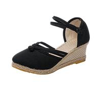 Sandalen Damen Damenschuhe Leinensandalen Plattform Keilsandalen Mode Vielseitige Geflochtene Schnalle Atmungsaktive Keilsandalen (Black 37)