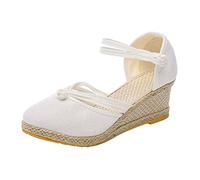 Sandalen Damen Damenschuhe Leinensandalen Plattform Keilsandalen Mode Vielseitige Geflochtene Schnalle Atmungsaktive Keilsandalen (White 40)