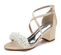 Sandalen Damen Kreuz Riemchen Blockabsatz Pumpen Offener Zeh Hochzeit Brautschuhe mit Perle,Champagne,38 EU