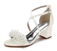 Sandalen Damen Kreuz Riemchen Blockabsatz Pumpen Offener Zeh Hochzeit Brautschuhe mit Perle,Elfenbein,36 EU