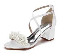 Sandalen Damen Kreuz Riemchen Blockabsatz Pumpen Offener Zeh Hochzeit Brautschuhe mit Perle,Weiß,38 EU