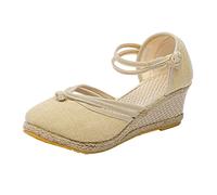 Sandalen Damen Mit Absatz Beige,Absatzschuhe Damen Schwarz Bequem,Dicker Sohle rutschfest Damenschuhe,Plattform Geflochtene Schnalle Atmungsaktive Leinensandalen,Keilabsatz Strandschuhe