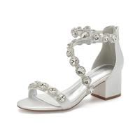 Sandalen Damen mit Absatz, Hochzeit Schuhe für Braut, Damen Blockabsatz Brautschuhe Sandaletten,Elfenbein,43 EU