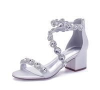 Sandalen Damen mit Absatz, Hochzeit Schuhe für Braut, Damen Blockabsatz Brautschuhe Sandaletten,Weiß,41 EU