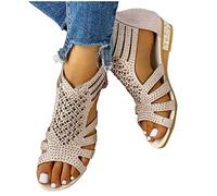 Sandalen Damen mit Absatz Retro Damen Sommer Rom Farbe Glitzer Strass Kreuzgurt Flache Frauen Strandsandalen Pantoletten Römersandalen Sandaletten Flip Flops Hausschuhe Slipper Sommerschuhe J051