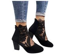 Sandalen Damen mit Absatz Weiß Sandalen Damen Spitze Pumps Schuhe Blockabsatz Stiefeletten Runder Spitze Blumenmuster Mesh Hohle Tüll Strass Sommerstiefel Reißverschluss Freizeit Atmungsaktiv Schuh